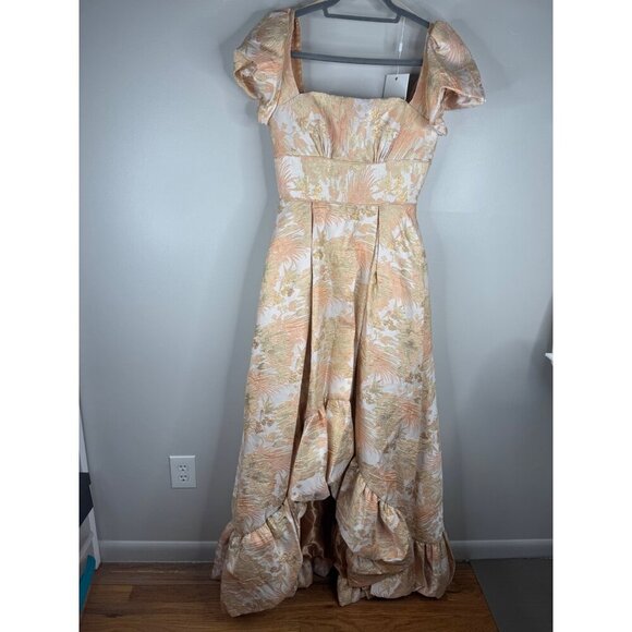 NWT MAC DUGGAL 68276 Floral Brocade Evening Gown Size 16 Puff Sleeve Peach Gold - Picture 6 of 11